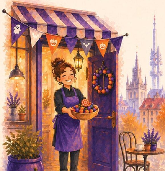 Illustration: a smiling host in a purple apron offers a bowl of sweets at a decorated shop door