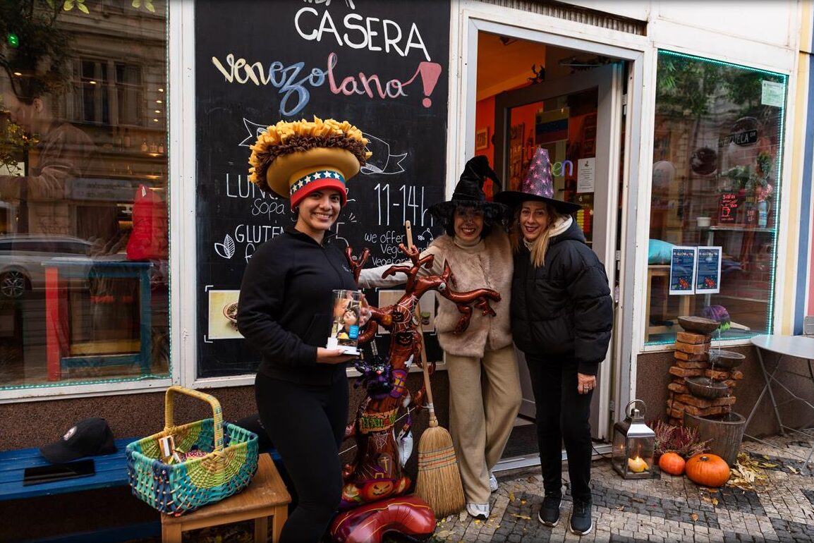 A decorated shopfront welcoming trick-or-treaters